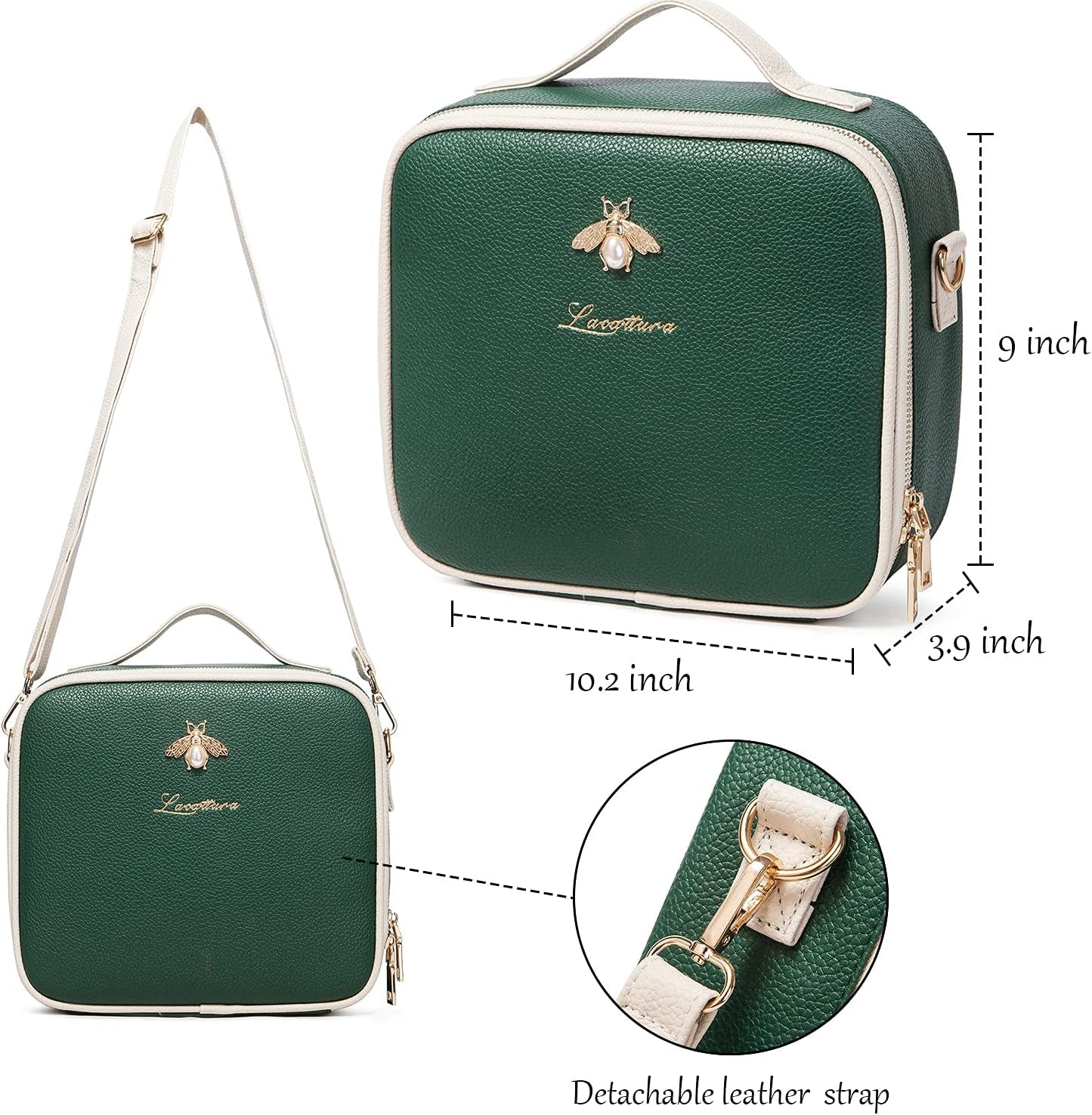 Travel Makeup Bag, Leather Makeup Train Case Cosmetic Organizer for Makeup Brushes Toiletry Digital Accessories, Portable Artist Storage Bag with Shoulder Strap for Women Lady Green