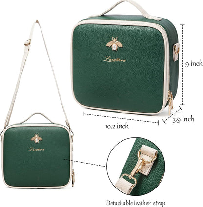 Travel Makeup Bag, Leather Makeup Train Case Cosmetic Organizer for Makeup Brushes Toiletry Digital Accessories, Portable Artist Storage Bag with Shoulder Strap for Women Lady Green