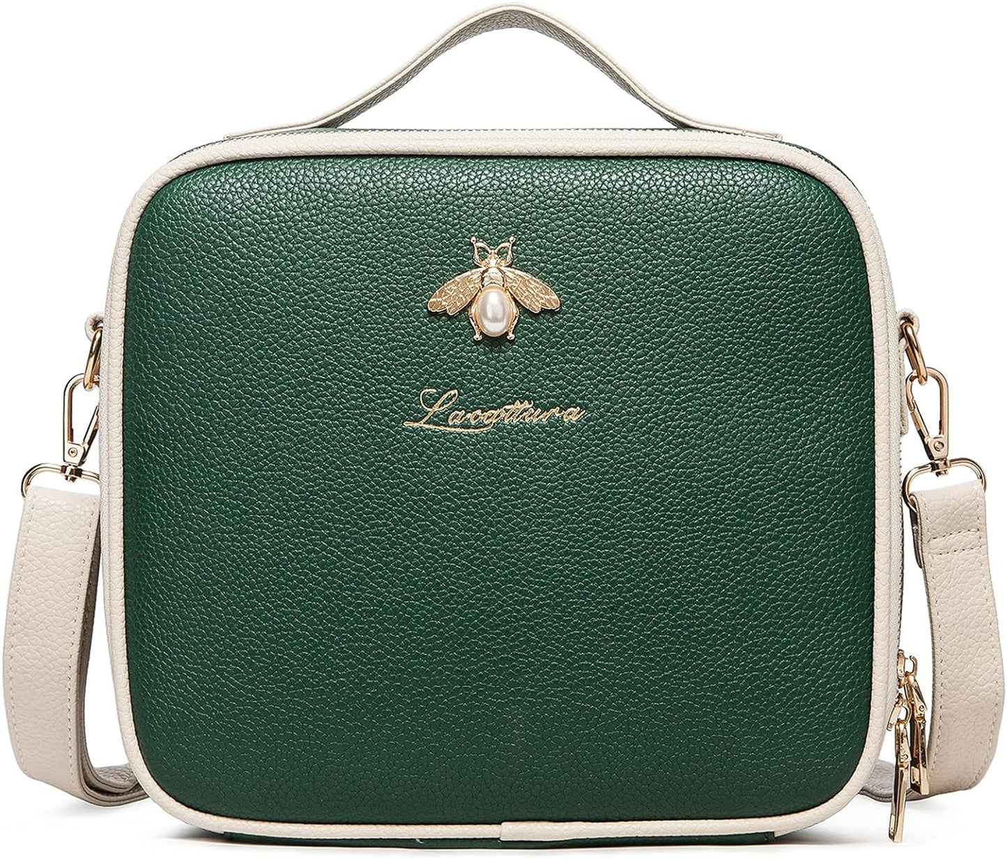 Travel Makeup Bag, Leather Makeup Train Case Cosmetic Organizer for Makeup Brushes Toiletry Digital Accessories, Portable Artist Storage Bag with Shoulder Strap for Women Lady Green