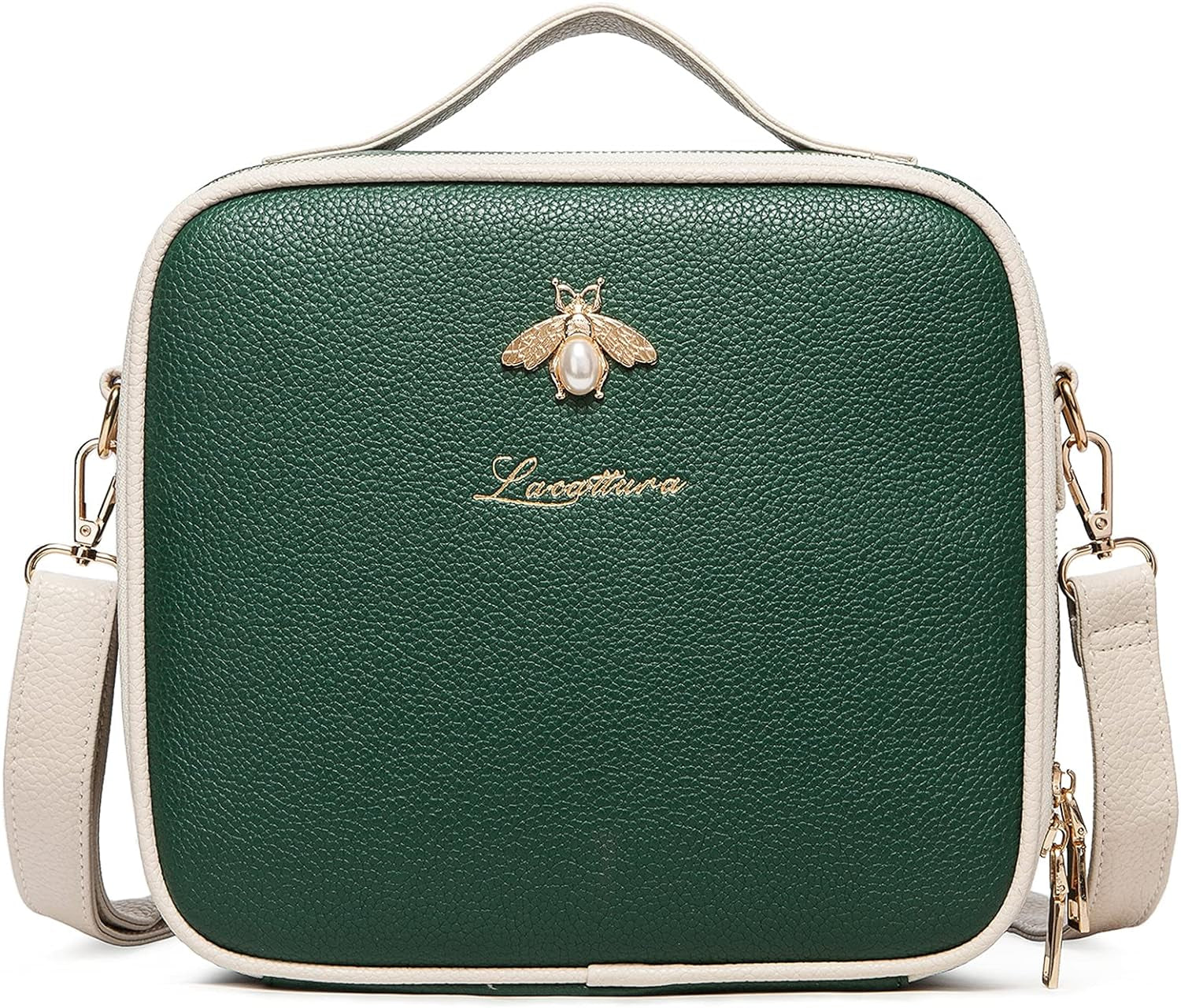 Travel Makeup Bag, Leather Makeup Train Case Cosmetic Organizer for Makeup Brushes Toiletry Digital Accessories, Portable Artist Storage Bag with Shoulder Strap for Women Lady Green