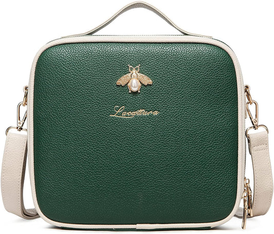 Travel Makeup Bag, Leather Makeup Train Case Cosmetic Organizer for Makeup Brushes Toiletry Digital Accessories, Portable Artist Storage Bag with Shoulder Strap for Women Lady Green