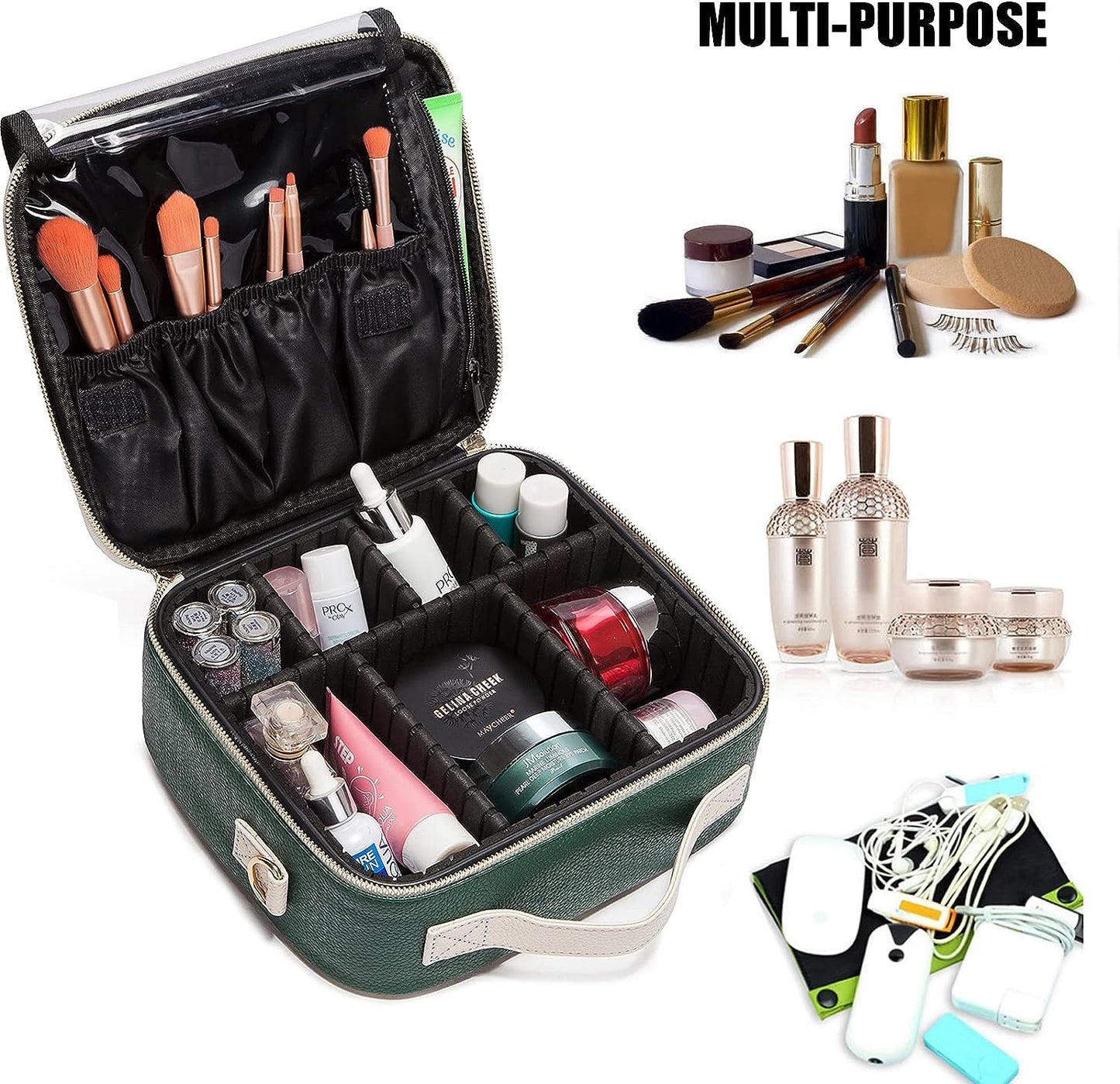 Travel Makeup Bag, Leather Makeup Train Case Cosmetic Organizer for Makeup Brushes Toiletry Digital Accessories, Portable Artist Storage Bag with Shoulder Strap for Women Lady Green