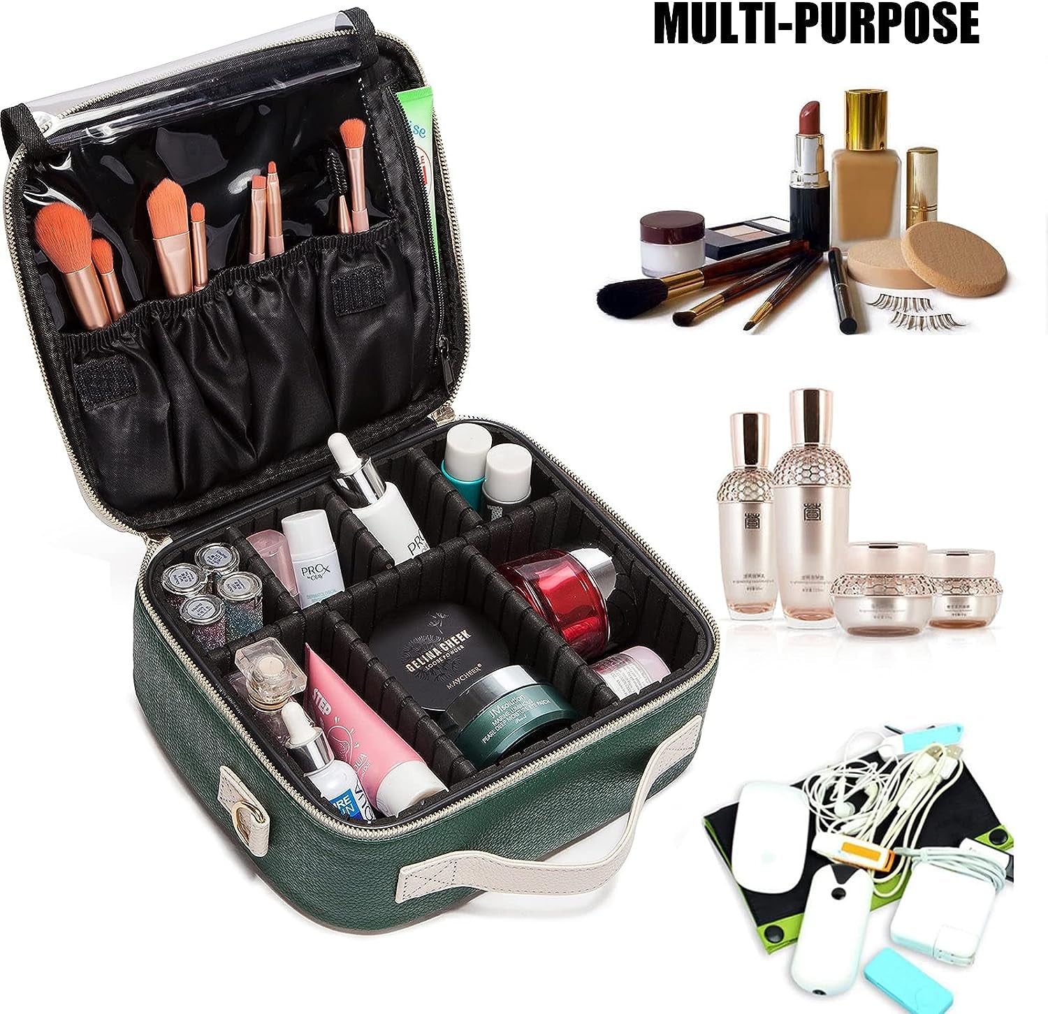 Travel Makeup Bag, Leather Makeup Train Case Cosmetic Organizer for Makeup Brushes Toiletry Digital Accessories, Portable Artist Storage Bag with Shoulder Strap for Women Lady Green