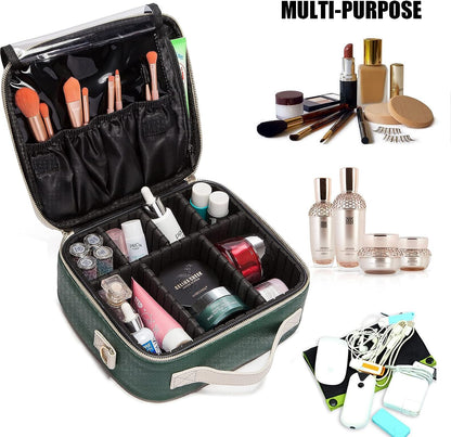 Travel Makeup Bag, Leather Makeup Train Case Cosmetic Organizer for Makeup Brushes Toiletry Digital Accessories, Portable Artist Storage Bag with Shoulder Strap for Women Lady Green