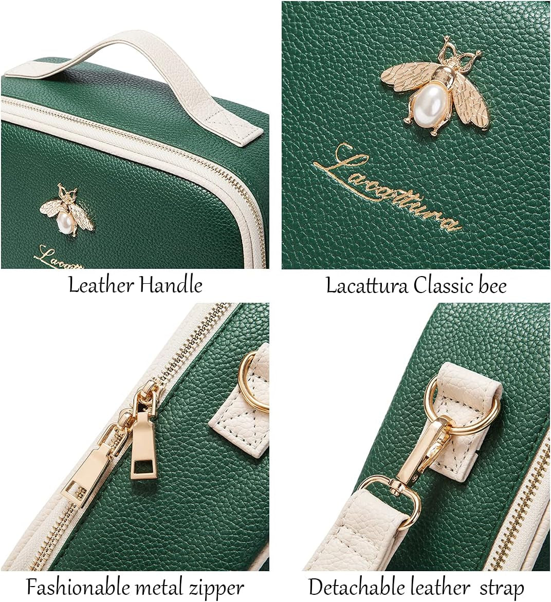 Travel Makeup Bag, Leather Makeup Train Case Cosmetic Organizer for Makeup Brushes Toiletry Digital Accessories, Portable Artist Storage Bag with Shoulder Strap for Women Lady Green