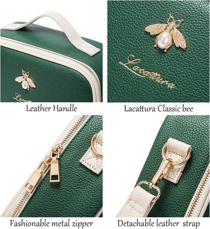 Travel Makeup Bag, Leather Makeup Train Case Cosmetic Organizer for Makeup Brushes Toiletry Digital Accessories, Portable Artist Storage Bag with Shoulder Strap for Women Lady Green
