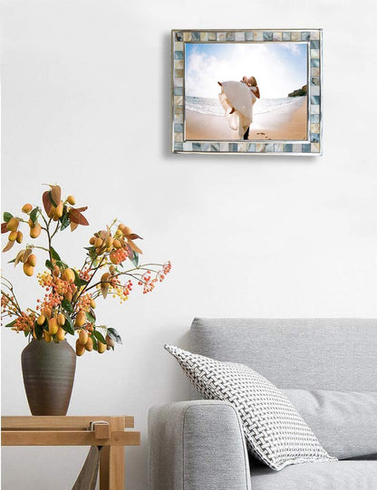 Silver Plate Grey Picture Frame 6X8 Mother of Pearl Wall Frame 6By8 Wedding Photo Frame Mosaic Glass Tabletop Picture Frame (Grey+ White,1Pc)