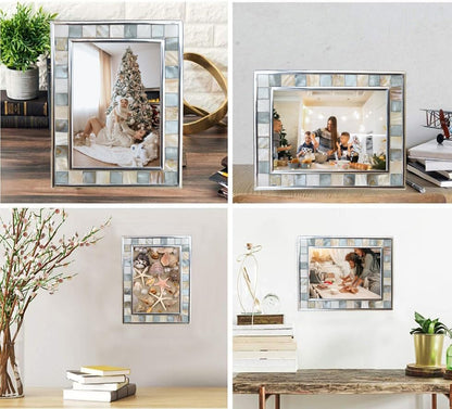 Silver Plate Grey Picture Frame 6X8 Mother of Pearl Wall Frame 6By8 Wedding Photo Frame Mosaic Glass Tabletop Picture Frame (Grey+ White,1Pc)