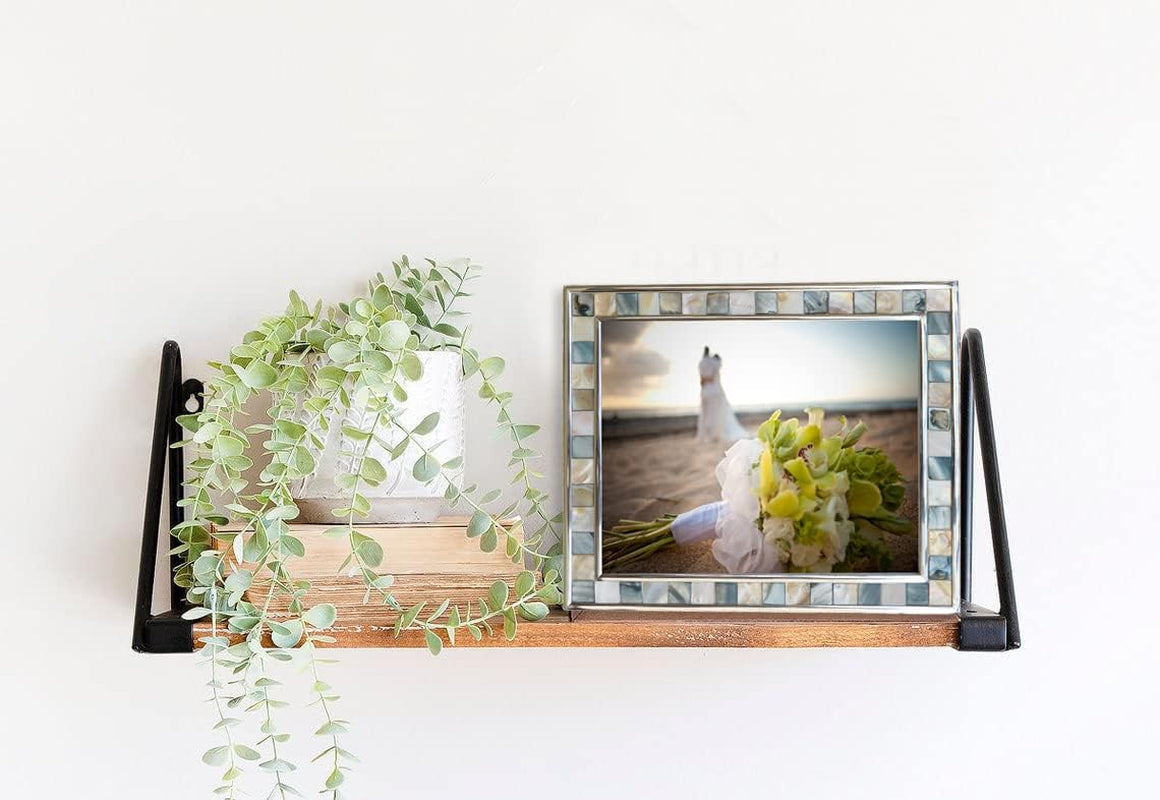 Silver Plate Grey Picture Frame 6X8 Mother of Pearl Wall Frame 6By8 Wedding Photo Frame Mosaic Glass Tabletop Picture Frame (Grey+ White,1Pc)